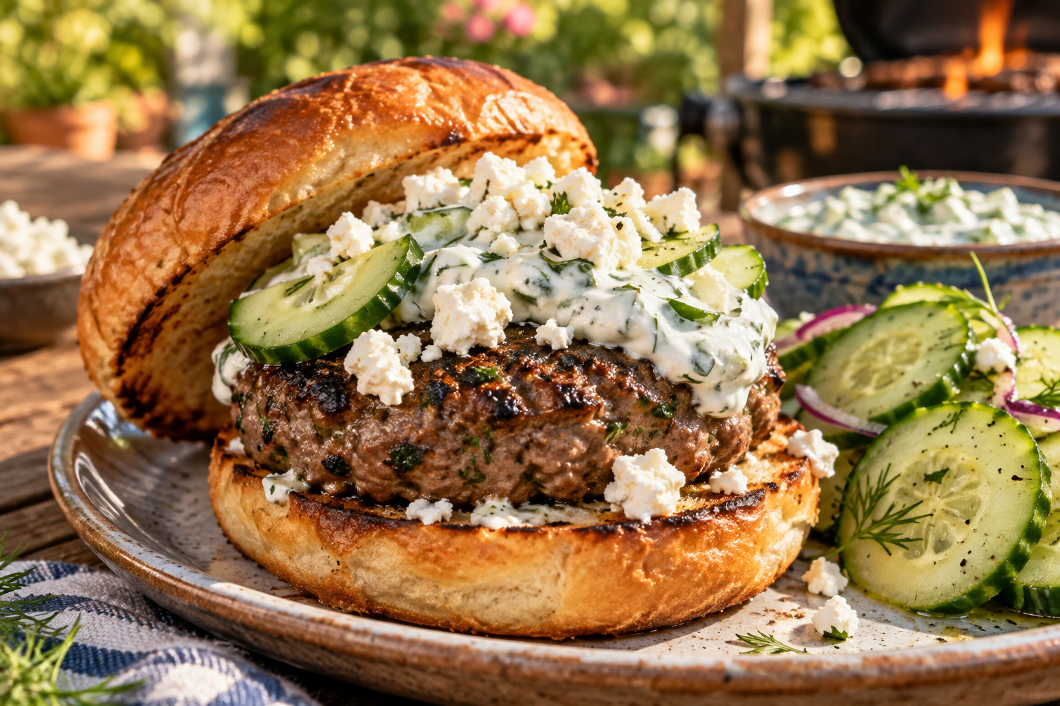 Greek Lamb Feta Burgers with Cucumber Sauce