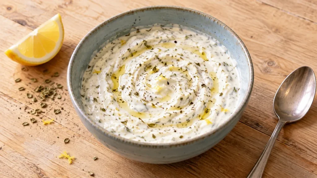 Bowl of Greek yogurt and oregano marinade with a lemon wedge and dried oregano beside it