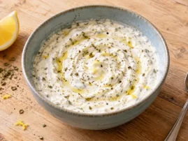 Bowl of Greek yogurt and oregano marinade with a lemon wedge and dried oregano beside it
