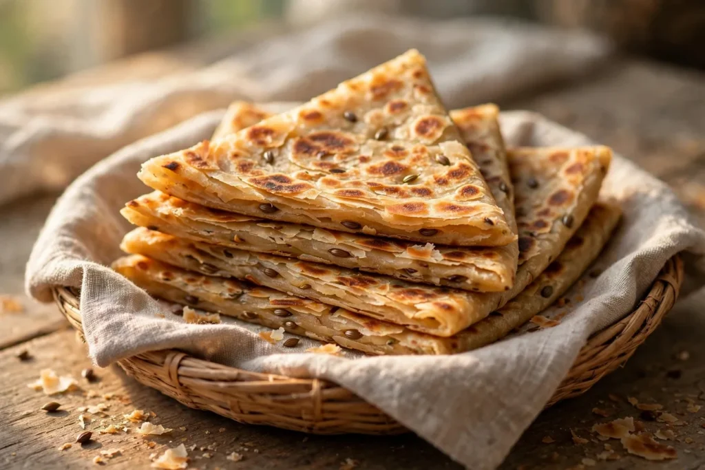 Layered ajwain parathas cooked on a griddle.