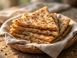 Layered ajwain parathas cooked on a griddle.