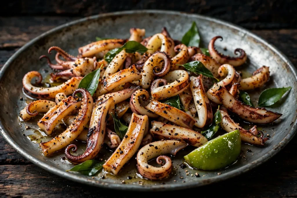 Griddle-seared squid with black pepper, curry leaves, and lime.