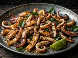 Griddle-seared squid with black pepper, curry leaves, and lime.