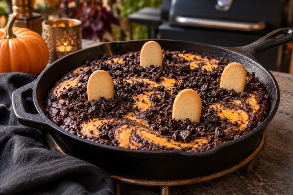 Grill-baked chocolate pumpkin skillet cake with cookie soil and cookie tombstones.