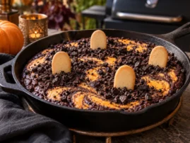 Grill-baked chocolate pumpkin skillet cake with cookie soil and cookie tombstones.