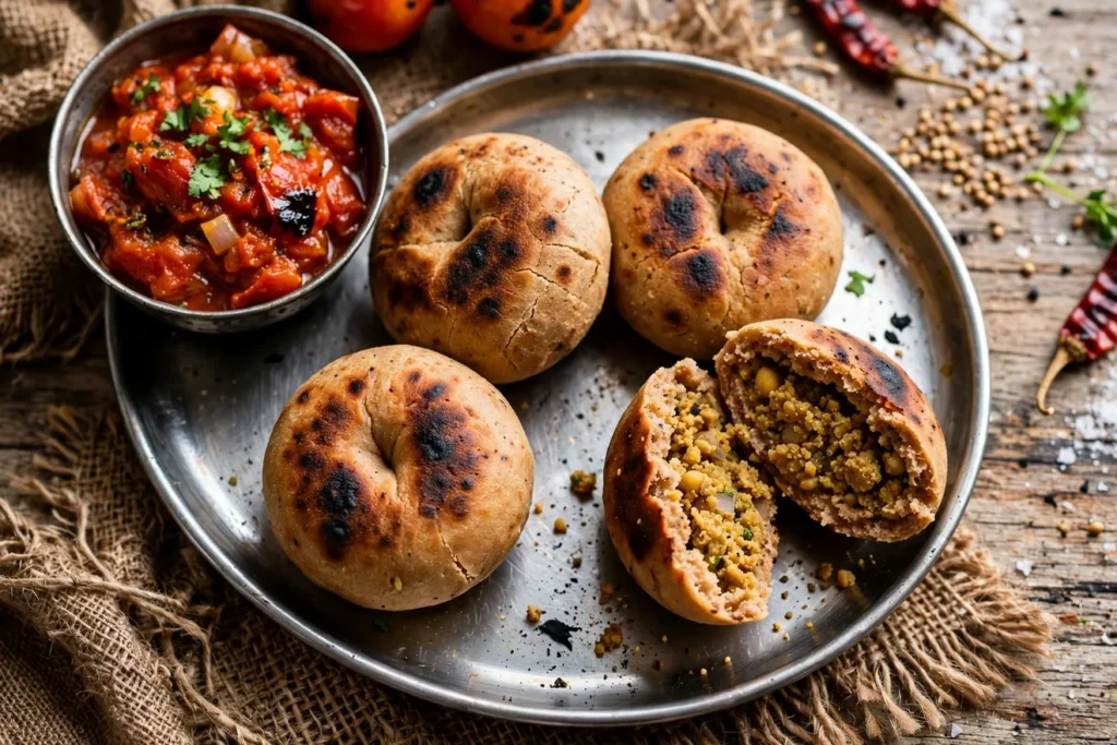 Whole-wheat litti rounds with charred vegetable chokha.