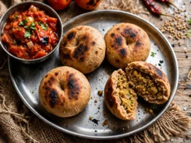 Whole-wheat litti rounds with charred vegetable chokha.