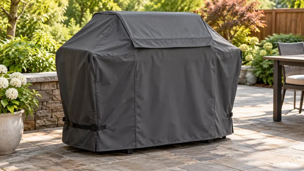 Black fitted grill cover over a gas grill on a paved patio with garden beds behind