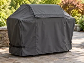 Black fitted grill cover over a gas grill on a paved patio with garden beds behind