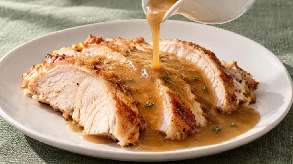Homemade turkey gravy pouring from a ceramic jug over sliced grill-roasted turkey.