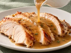 Homemade turkey gravy pouring from a ceramic jug over sliced grill-roasted turkey.