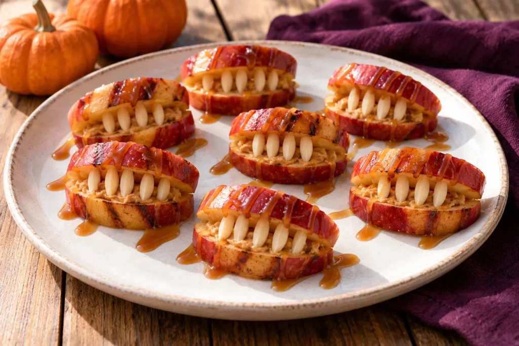 Grilled apple monster mouths with almond teeth and salted caramel.