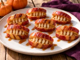 Grilled apple monster mouths with almond teeth and salted caramel.