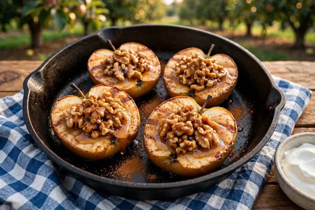 Grilled apples with honey, cinnamon, and walnut filling in cast iron.