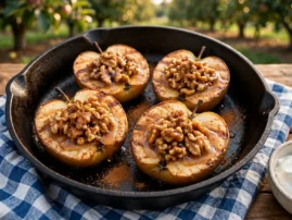 Grilled apples with honey, cinnamon, and walnut filling in cast iron.