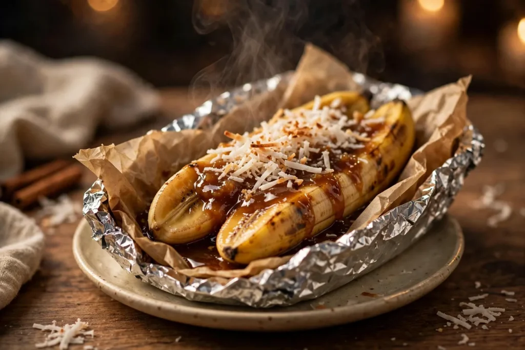Banana-leaf parcels holding spiced grilled bananas.