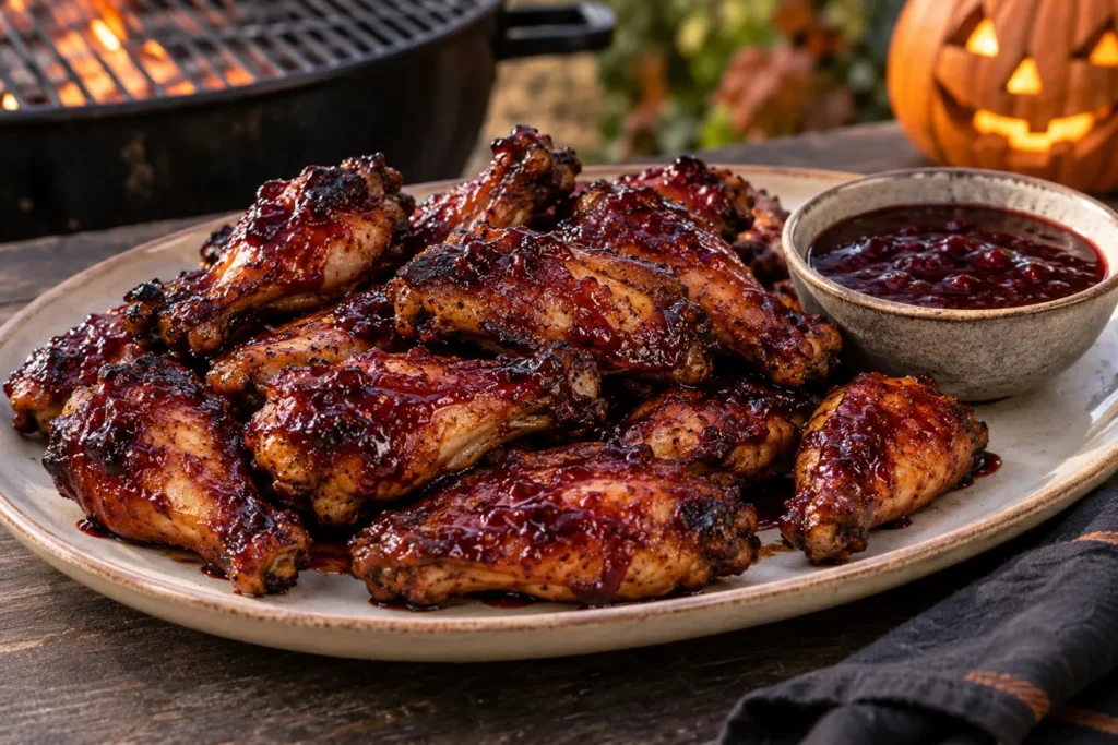 Grilled chicken wings coated in dark blackberry-chipotle glaze.