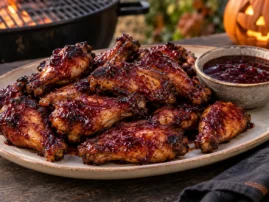 Grilled chicken wings coated in dark blackberry-chipotle glaze.