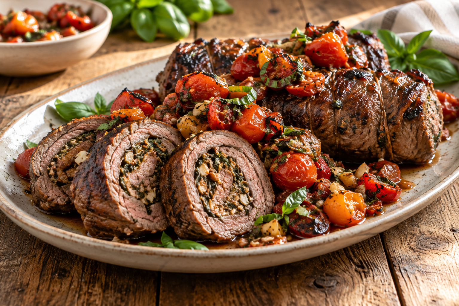 Grilled Beef Braciole with Grilled Tomato-Basil Relish