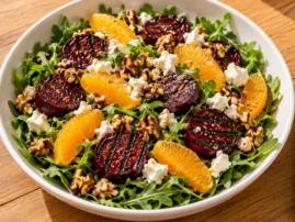 Grilled beet and orange salad with goat cheese, arugula, and walnuts.