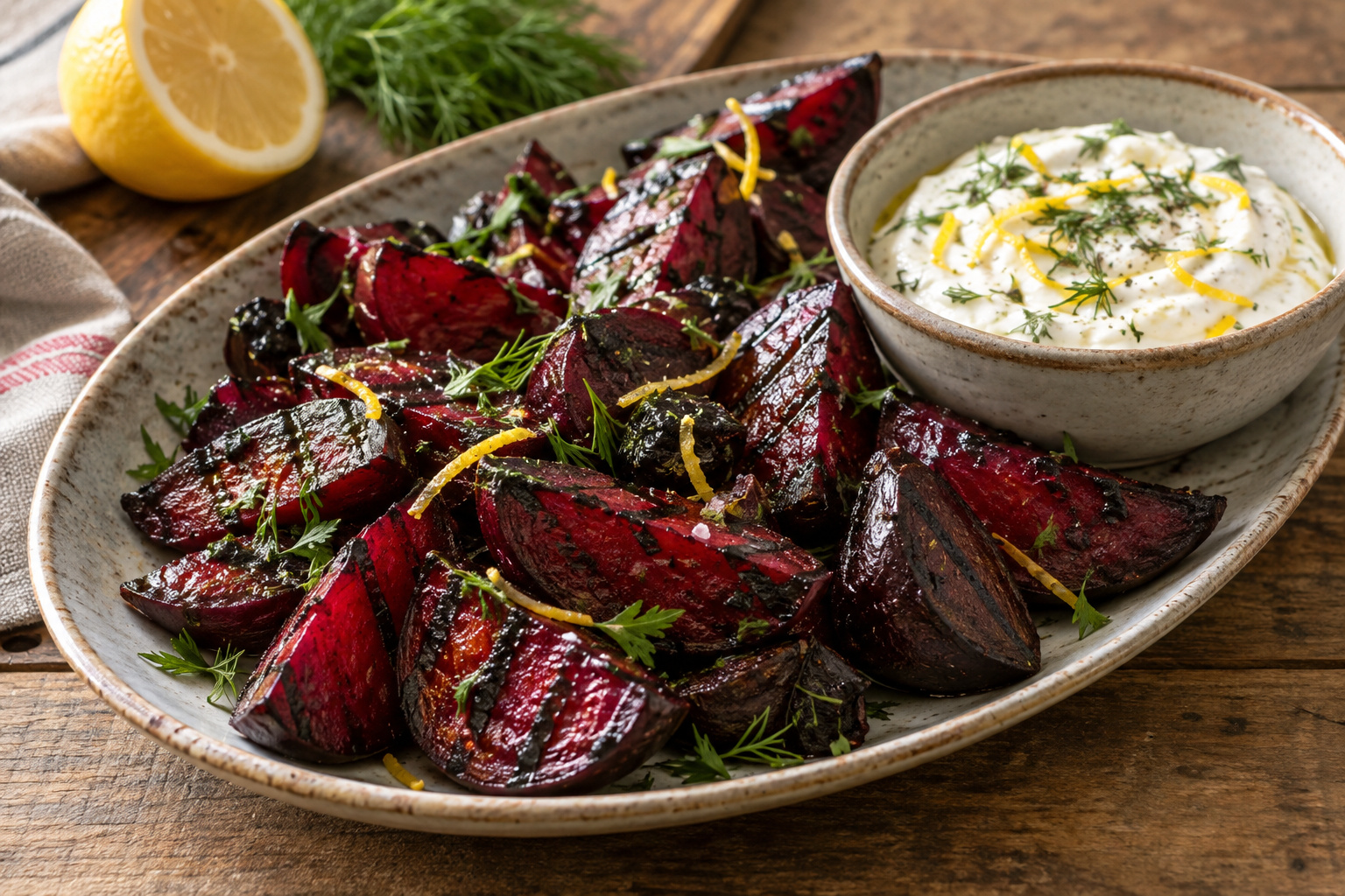 Grilled Beets wtih Lemon Creme Fraiche Dip