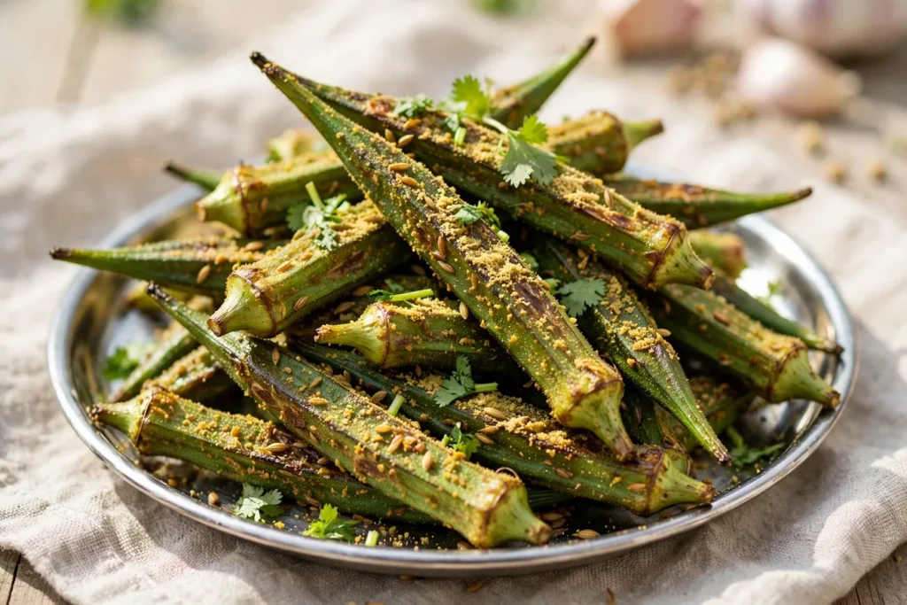 Grilled okra with cumin, coriander, amchur, and cilantro.