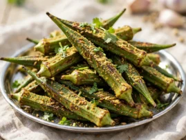 Grilled okra with cumin, coriander, amchur, and cilantro.