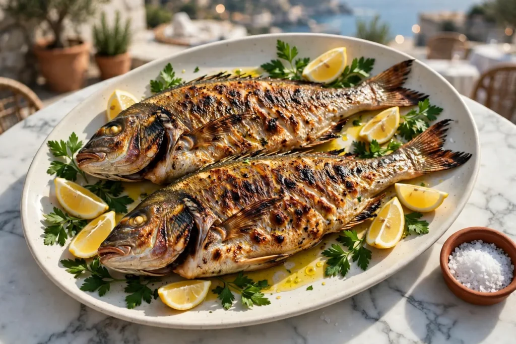 Branzino alla griglia, grilled whole branzino with lemon and herbs.