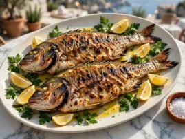 Branzino alla griglia, grilled whole branzino with lemon and herbs.