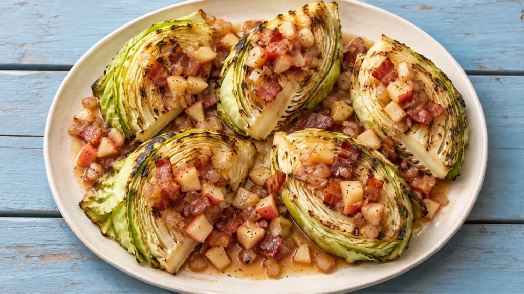 Grilled cabbage wedges topped with warm bacon and apple dressing.