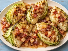 Grilled cabbage wedges topped with warm bacon and apple dressing.
