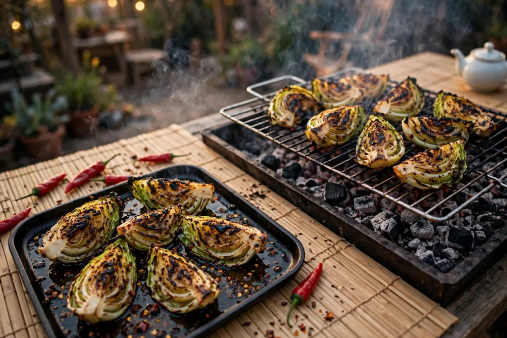 Grilled cabbage with cumin and chile, shaokao style, charred at the edges.