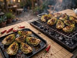 Grilled cabbage with cumin and chile, shaokao style, charred at the edges.