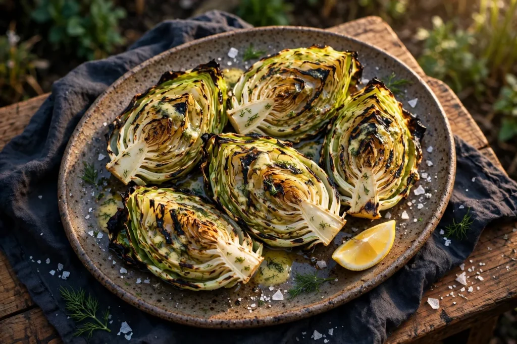 Grilled cabbage wedges with charred edges, dill butter, and lemon.