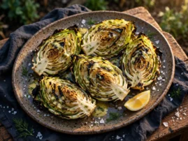 Grilled cabbage wedges with charred edges, dill butter, and lemon.