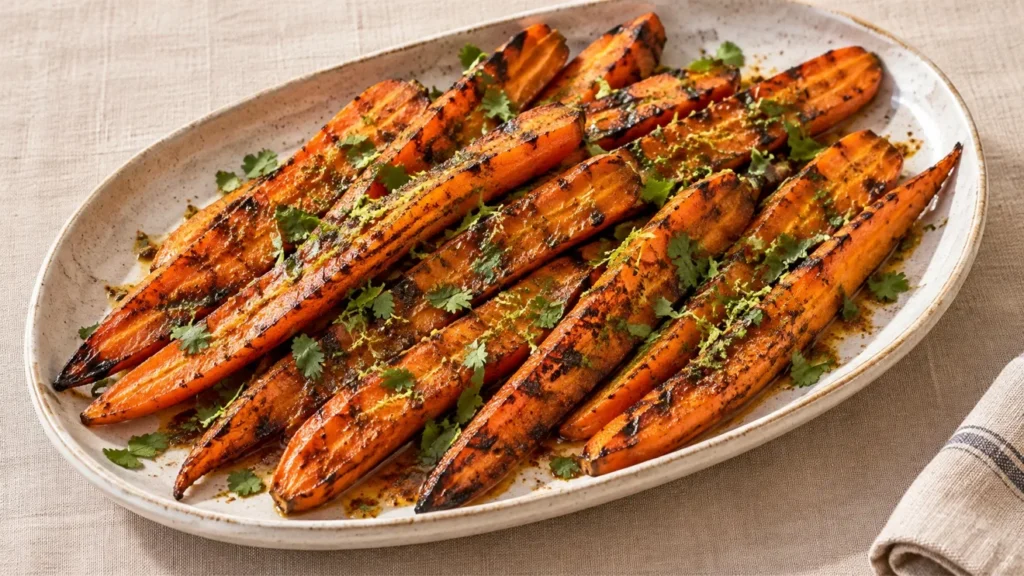 Grilled carrots coated in coffee-chile butter with lime and cilantro.