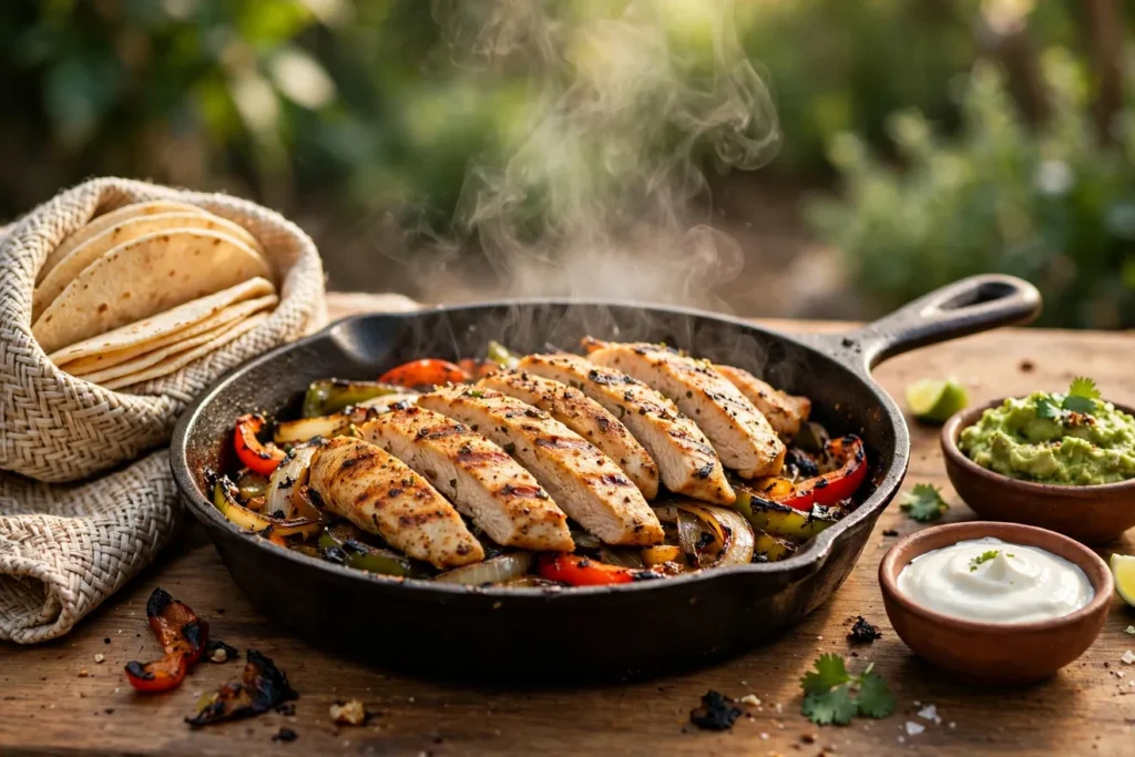 Grilled chicken fajitas with peppers and onions in a cast-iron skillet.