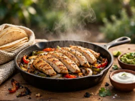 Grilled chicken fajitas with peppers and onions in a cast-iron skillet.