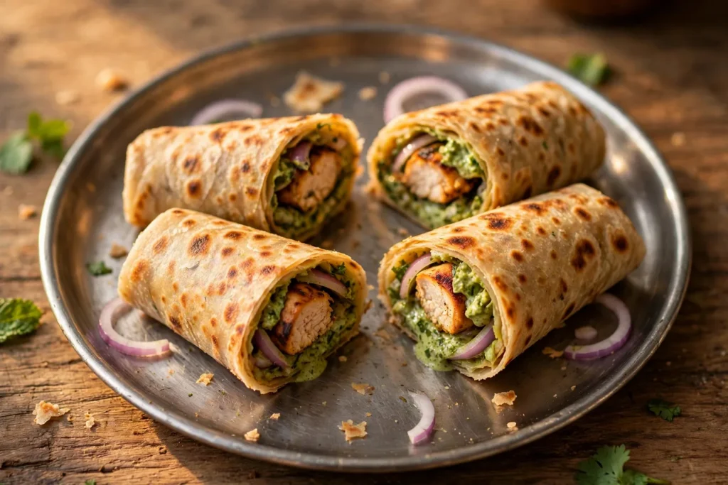Grilled chicken kathi rolls with red onion and mint-cilantro sauce.