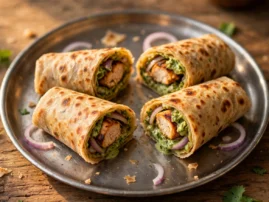 Grilled chicken kathi rolls with red onion and mint-cilantro sauce.
