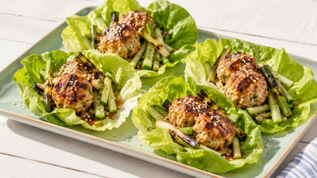 Grilled chicken meatball lettuce cups with cucumber and charred scallions.