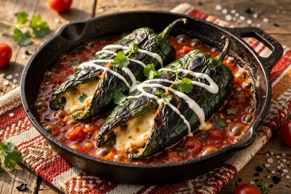 Grilled chiles rellenos in tomato sauce with melted cheese.