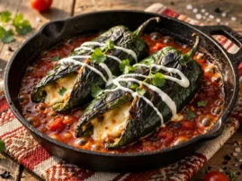 Grilled chiles rellenos in tomato sauce with melted cheese.