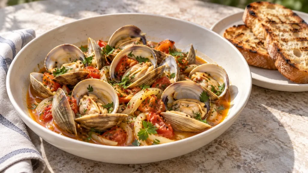Grilled clams in charred tomato and fennel butter broth with toasted bread.