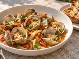 Grilled clams in charred tomato and fennel butter broth with toasted bread.