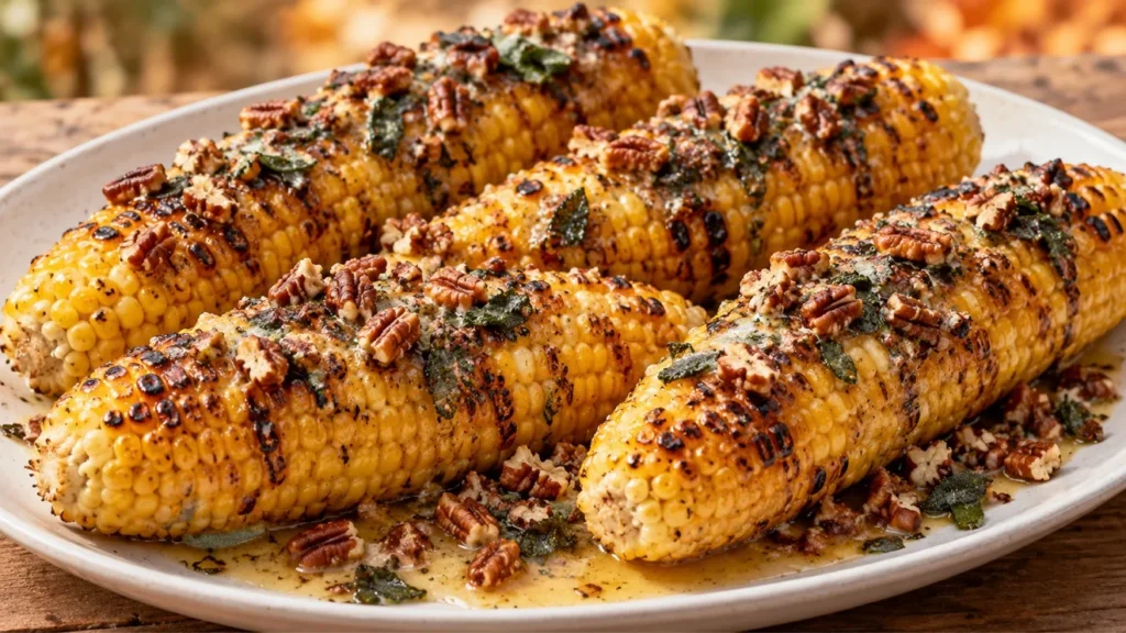 Grilled corn topped with sage brown butter and toasted pecans.