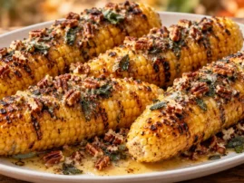Grilled corn topped with sage brown butter and toasted pecans.