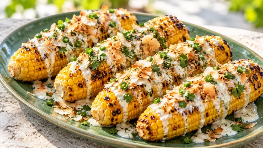 Grilled corn with coconut lime sauce, toasted coconut flakes, and cilantro.
