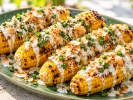Grilled corn with coconut lime sauce, toasted coconut flakes, and cilantro.