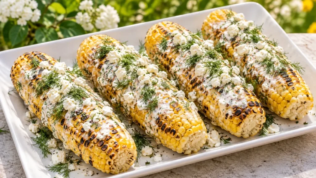 Grilled corn with lemon yogurt, crumbled feta, and fresh dill.